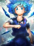  1girl absurdres blue_eyes blue_hair blush cirno clenched_hands curly_hair highres looking_at_viewer niwarizumu short_hair skirt smile solo touhou wings 