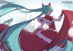  1girl aqua_eyes bell capelet capelet_lift character_name christmas closed_eyes dress feet_out_of_frame fur-trimmed_capelet fur-trimmed_dress fur-trimmed_gloves fur_trim gloves hair_bell hair_ornament hand_up hatsune_miku highres jingle_bell long_hair outstretched_arm profile red_capelet red_dress red_gloves skirt_hold solo standing very_long_hair vocaloid zhayin-san 