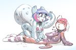  &lt;3 2018 absurd_res ailurid alternate_species animate_inanimate anthro breasts clothing collar collar_only deflating duo felid female hair handles helixjack hi_res inflatable legwear living_inflatable mammal mew_(helixjack) nipples nozzle nude pantherine red_panda short_hair simple_background smile snow_leopard stockings 