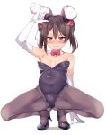  1girl \m/ absurdres animal_ears arm_up ass_visible_through_thighs bangs black_footwear black_legwear black_leotard blush bow bowtie breasts bunny_ears bunny_girl bunnysuit clenched_teeth detached_collar elbow_gloves fake_animal_ears gloves hair_bow high_heels highres leotard love_live! love_live!_school_idol_project nipples one_eye_closed open_mouth pantyhose popii_(yuuta679) red_bow red_eyes red_neckwear simple_background small_breasts smile solo spread_legs squatting tearing_up tears teeth twintails white_background white_gloves yazawa_nico 