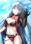  1girl absurdres ahoge ass_visible_through_thighs bikini blue_sky breasts choker cloud cowboy_shot fate/grand_order fate_(series) gloves grey_hair highres jeanne_d&#039;arc_(alter)_(fate) jeanne_d&#039;arc_(alter_swimsuit_berserker) jeanne_d&#039;arc_(fate)_(all) jewelry large_breasts long_hair messy_hair navel o-ring o-ring_bikini shrug_(clothing) sky smile solo swimsuit thighs tiri_man very_long_hair yellow_eyes 