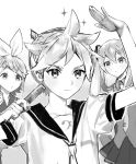  1boy 2girls bangs bass_clef bishounen black_collar bow collar comb expressionless greyscale hair_bow hair_ornament hairclip hands_up hatsune_miku holding_comb impressed kagamine_len kagamine_rin long_hair looking_at_another monochrome multiple_girls naoko_(naonocoto) necktie parted_lips pursed_lips sailor_collar school_uniform short_hair short_sleeves sparkle spiked_hair swept_bangs twintails upper_body very_long_hair vocaloid white_bow 
