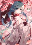  1girl absurdres bbeedol blue_eyes blue_hair blurry blurry_background blurry_foreground branch cherry_blossoms commentary cowboy_shot depth_of_field flower from_side hair_bun hair_ornament hatsune_miku highres holding holding_umbrella japanese_clothes kimono leaf leaf_on_head light_blush light_smile lipstick looking_at_viewer looking_to_the_side makeup oriental_umbrella outdoors petals snow_bunny snowflake_print solo tree twintails uchikake umbrella vocaloid white_kimono yuki_miku yuki_miku_(2013) 