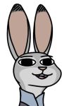  2019 anothercolouranon anthro buckteeth clothed clothing dipstick_ears disney judy_hopps lagomorph leporid mammal multicolored_ears open_mouth open_smile rabbit simple_background smile solo teeth white_background zootopia 