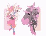  alternate_color black_sclera bright_pupils buneary carrying cinderace gen_4_pokemon gen_8_pokemon highres lopunny mega_evolution mega_lopunny no_humans piggyback pink_eyes pokemon pokemon_(creature) raboot red_eyes scorbunny shiny_pokemon smile standing standing_on_one_leg 