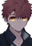  crying crying_with_eyes_open emiya_shirou fate/stay_night fate_(series) highres jacket kamo_0707 open_clothes open_jacket red_hair sad tears yellow_eyes 
