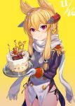  1girl akanagi_youto anchor azur_lane bangs black_panties blonde_hair blush breasts cake candle commentary_request cowboy_shot dated epaulettes fire flame food gloves gradient gradient_background hair_between_eyes happy_birthday headgear highres holding holding_food long_hair long_sleeves looking_at_viewer panties pointy_hair purple_eyes scarf side-tie_panties sidelocks small_breasts smile solo standing underwear union_jack warspite_(azur_lane) white_gloves white_scarf yellow_background 