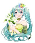  1girl alternate_costume aqua_eyes aqua_hair bare_shoulders bouquet bow breasts butterfly_hair_ornament collar collarbone commentary detached_collar dress flower frilled_sleeves frills green_dress green_sleeves hair_ornament hatsune_miku highres holding holding_bouquet light_blush lily_(flower) long_hair looking_at_viewer masumofu medium_breasts necktie open_mouth plaid_sleeves smile solo strapless strapless_dress twintails upper_body very_long_hair vocaloid white_background yellow_neckwear 