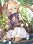  1girl arisa_(shadowverse) bangs bare_shoulders belt blonde_hair blush boots breasts commentary elbow_gloves elf eyebrows_visible_through_hair gloves green_eyes hair_ribbon highres holding in_water kichi_(kichifav) kneeling long_hair looking_at_viewer medium_breasts pointy_ears princess_connect! princess_connect!_re:dive red_ribbon ribbon shadowverse skirt smile solo thigh_boots thighhighs 