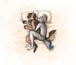  &lt;3 2019 anthro bed canid canine canis couple_(disambiguation) cuddling fur furniture hi_res hug line_art love lying male male/male mammal nude simple_background sleeping spooning tender twymouse white_background wolf 