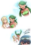  3girls arms_behind_back bare_shoulders bikini blonde_hair blue_eyes blue_hair blush braid closed_eyes closed_mouth cloud cloudy_sky dark_skin goggles goggles_on_head green_eyes green_hair grin hair_ornament highres holding_hands lillie_(pokemon) long_hair low_twintails mao_(pokemon) multiple_girls nintendo o_o one_eye_closed pokemon scared signature sky smile suiren_(pokemon) swimsuit takecha twintails 