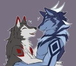  2019 anthro black_body black_fur blue_body blue_fur breasts canid canine canis digital_media_(artwork) duo eternity-zinogre eyes_closed fur horn hybrid mammal open_mouth simple_background smile teeth tongue wolf 