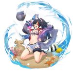  1girl :d animal_ear_fluff animal_ears azur_lane bare_legs bikini bikini_under_clothes black_hair black_jacket breasts choker cleavage fish front-tie_bikini front-tie_top hair_ornament hairclip hand_up hatotaur highres holding hololive innertube jacket kneeling leaf_print long_hair long_sleeves looking_at_viewer medium_breasts multicolored_hair navel official_art ookami_mio open_clothes open_fly open_jacket open_mouth orange_eyes ponytail red_hair sand sandals short_shorts shorts side-tie_bikini smile solo stomach streaked_hair swimsuit thigh_strap virtual_youtuber wakaba water_gun white_bikini white_shorts wolf_ears 
