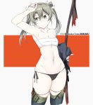  1girl black_panties bow_(weapon) breasts clothes_removed collarbone cowboy_shot dark_green_hair green_eyes grey_legwear kantai_collection long_hair looking_back navel panties sarashi side-tie_panties small_breasts solo souji standing thighhighs twintails two-tone_background underwear weapon white_background zuikaku_(kantai_collection) 