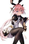  1boy astolfo_(fate) astolfo_(saber)_(fate) bangs black_bow black_gloves black_ribbon blush bow bowtie dress fate/grand_order fate_(series) gloves hair_bow hair_intakes hair_ribbon highres hijiri_ruka holding holding_shoes long_hair long_sleeves looking_at_viewer multicolored_hair otoko_no_ko pink_hair purple_eyes ribbon shoes smile solo streaked_hair twintails white_hair 