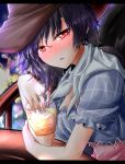  1girl absurdres bandana bangs black_hair black_wings blue_shirt blush breasts brown_headwear commentary_request cowboy_hat cup drinking_glass eyebrows_visible_through_hair hair_between_eyes hat highres ice kurokoma_saki large_breasts letterboxed looking_at_viewer nose_blush oshiaki parted_lips partial_commentary puffy_short_sleeves puffy_sleeves red_eyes shirt short_hair short_sleeves solo touhou upper_body wings 
