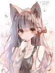  1girl :o animal_ears bangs bare_shoulders blush bow braid brown_eyes brown_hair collarbone earrings eyebrows_visible_through_hair floral_background flower_earrings fox_ears hair_bow hand_on_own_chin highres jewelry long_hair long_sleeves looking_at_viewer off_shoulder open_clothes parted_lips red_bow side_braid solo tandohark tank_top translated upper_body 