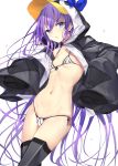  1girl animal_costume bikini blue_eyes breasts commentary_request cowboy_shot fate/grand_order fate_(series) front-tie_bikini front-tie_top haishiki highres long_hair long_sleeves looking_at_viewer meltryllis micro_bikini navel open_mouth penguin_costume purple_hair side-tie_bikini sidelocks simple_background skindentation sleeves_past_fingers sleeves_past_wrists small_breasts solo stomach strap_gap swimsuit thighhighs v-shaped_eyebrows very_long_hair white_background white_bikini 