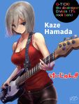  1girl alternate_costume bass_guitar blue_background blue_eyes blush breasts cleavage eyebrows_visible_through_hair guitar hair_between_eyes hair_ornament hairclip hamakaze_(kantai_collection) haruto_(harut_n) highres instrument k-on! kantai_collection large_breasts looking_at_viewer parody shirt short_hair silver_hair simple_background sleeveless sleeveless_shirt solo 