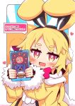  1girl :d absurdres animal_ears bangs blonde_hair blush bunny_earmuffs bunny_ears cellphone commentary_request disgaea earmuffs eyebrows_visible_through_hair fake_animal_ears fur-trimmed_sleeves fur_trim heart highres holding holding_cellphone holding_phone jacket long_sleeves looking_at_viewer makai_senki_disgaea_5 open_mouth phone pink_eyes prinny scarf short_eyebrows smile solo thick_eyebrows translation_request twitter_username upper_body usalia_(disgaea) white_background white_scarf yellow_jacket yuya090602 