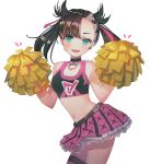  1girl asymmetrical_bangs bangs bare_arms bare_shoulders black_hair black_shirt blue_eyes breasts cheerleader choker cowboy_shot crop_top earrings frilled_skirt frills hanato_(seonoaiko) hands_up highres holding_pom_poms jewelry long_hair looking_at_viewer mary_(pokemon) midriff miniskirt navel open_mouth pink_skirt pleated_skirt pokemon pokemon_(game) pokemon_swsh shirt simple_background skirt sleeveless sleeveless_shirt small_breasts smile solo thighhighs twintails white_background zettai_ryouiki 