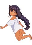  1girl :o absurdres ass barefoot black_hair braid dark_skin full_body hair_flaps highres jahy jahy_sama_wa_kujikenai jewelry konbu_wakame long_hair naked_shirt necklace off_shoulder open_mouth oversized_clothes red_eyes shirt short_sleeves simple_background single_braid t-shirt very_long_hair white_background white_shirt 