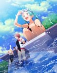  3girls aqua_hair blonde_hair blue_swimsuit brown_hair closed_eyes cloud cloudy_sky copyright crypton_future_media goggles hair_ornament hairclip hatsune_miku jacket kagamine_rin long_hair meiko momoiro_oji multiple_girls one-piece_swimsuit outdoors pool short_hair sky stretch swimsuit vocaloid 