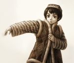  1boy bangs brown_theme child coat dressing embroidery fur_trim hat karluk long_sleeves looking_away looking_down male_focus monochrome otoyomegatari outstretched_arm parted_lips satou_toshio_(suisuisuisui) simple_background solo striped upper_body 