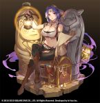  1girl :o bare_shoulders belt_buckle black_background blue_hair boots breasts buckle character_request cleavage commentary_request company_name copyright crossed_legs english_text facial_mark forehead_mark full_body goggles goggles_on_head gold_coin gradient gradient_background heart_tattoo holding holding_lantern holding_map lantern large_breasts long_hair looking_at_viewer map midriff pants pop_kyun red_eyes sarcophagus sitting sleeveless solo star_ocean star_ocean_anamnesis tattoo torn_clothes torn_pants treasure_chest 