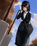  1girl 73suke absurdres alternate_costume autumn bag black_hair black_skirt black_suit blue_sky blush bob_cut brown_eyes business_suit cellphone cloud commentary_request day dress_shirt dutch_angle formal from_below furrowed_eyebrows haguro_(kantai_collection) hair_ornament handbag hands_up highres holding holding_phone kantai_collection lamppost light_frown looking_at_viewer looking_at_watch office_lady outdoors pencil_skirt phone shirt short_hair skirt skirt_suit sky smartphone solo suit talking_on_phone tearing_up tree white_shirt 