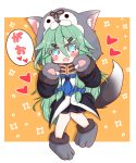  1girl :d animal_ear_fluff animal_ears animal_hat bangs black_shirt black_skirt blue_bow blue_eyes blue_neckwear blush bow commentary_request cosplay eyebrows_visible_through_hair fake_animal_ears fangs full_body fur-trimmed_gloves fur_trim gloves green_hair grey_footwear grey_gloves hair_between_eyes hair_bow hair_ornament hairclip hat heart kantai_collection long_hair long_sleeves looking_at_viewer neckerchief open_mouth paw_gloves paw_shoes paws pleated_skirt ridy_(ri_sui) shirt shoes sidelocks skirt smile solo standing tail translation_request very_long_hair wolf_ears wolf_hat wolf_tail yamakaze_(kantai_collection) yuudachi_(kantai_collection) yuudachi_(kantai_collection)_(cosplay) 