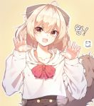  1girl :d ahoge animal_ear_fluff animal_ears bangs black_skirt blonde_hair bow brown_eyes claw_pose copyright_request eyebrows_visible_through_hair fang fingernails hair_between_eyes hands_up highres hood hood_down hoodie korean_text long_hair long_sleeves looking_at_viewer open_mouth outline red_bow se.a skirt sleeves_past_wrists smile solo tail tail_raised translation_request upper_body white_hoodie white_outline 