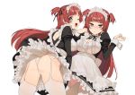  2girls 2l_(2lsize) apron ass bangs black_dress blush breasts commentary_request dress frilled_dress frills garter_belt grey_eyes juliet_sleeves large_breasts long_hair long_sleeves looking_at_viewer maid maid_apron maid_headdress multiple_girls one_eye_closed open_mouth original panties puffy_sleeves red_hair simple_background thighhighs two_side_up underwear waist_apron white_background white_legwear white_panties 