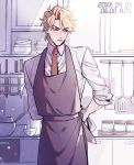  1boy apron blonde_hair collared_shirt cooking dated dio_brando dishes grumpy hako_iix07 indoors ingredients jojo_no_kimyou_na_bouken kitchen knife male_focus necktie phantom_blood red_eyes red_neckwear ribbon salt shirt short_hair solo spatula timestamp 