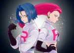  black_background blue_eyes blue_flower blue_hair blue_rose flower green_eyes highres kojirou_(pokemon) musashi_(pokemon) pokemon pokemon_(anime) red_hair rose sparkle team_rocket 