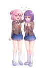  2girls :d alternate_breast_size alternate_hair_length alternate_hairstyle alternate_height bangs blue_skirt blush bob_cut brown_jacket commentary cupcake doki_doki_literature_club eating fang food full_body hair_between_eyes hair_ornament hairclip hand_on_another&#039;s_head highres jacket kneehighs long_sleeves multiple_girls natsuki_(doki_doki_literature_club) nose_blush open_mouth petting pink_eyes pink_hair pleated_skirt potetos7 purple_eyes purple_hair school_uniform shoes short_hair simple_background skin_fang skirt smile star star_in_eye symbol_commentary symbol_in_eye trembling twitter_username two_side_up uwabaki v-shaped_eyebrows white_background white_legwear yuri_(doki_doki_literature_club) 