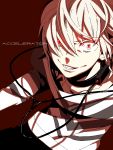  1boy accelerator bangs black_legwear cable character_name commentary evil_grin evil_smile grin hair_between_eyes hair_over_one_eye hoshino_lily long_sleeves looking_at_viewer messy_hair pale_skin red_background red_eyes shirt simple_background smile solo striped striped_shirt teeth to_aru_kagaku_no_accelerator to_aru_majutsu_no_index two-tone_shirt upper_body white_hair 