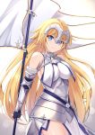  1girl absurdres armor armored_dress bangs bare_shoulders blonde_hair blue_eyes braid breasts chain commentary_request eyebrows_visible_through_hair fate/apocrypha fate/grand_order fate_(series) headpiece highres jeanne_d&#039;arc_(fate) jeanne_d&#039;arc_(fate)_(all) large_breasts long_hair looking_at_viewer single_braid smile solo standard_bearer tming very_long_hair 