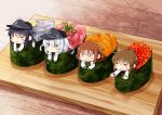  4girls =_= akatsuki_(kantai_collection) anchor_symbol badge bangs blue_eyes blush brown_hair chibi closed_eyes closed_mouth commentary_request eyebrows_visible_through_hair fang fish flat_cap folded_ponytail food hair_between_eyes hair_ornament hairclip hat hibiki_(kantai_collection) hinata_yuu ikazuchi_(kantai_collection) in_food inazuma_(kantai_collection) kantai_collection long_hair long_sleeves minigirl multiple_girls open_mouth purple_hair school_uniform serafuku short_hair silver_hair sushi 