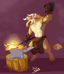  2019 abs amber_eyes anthro anvil biceps blacksmith blizzard_entertainment blonde_hair bodily_fluids bovid bovine clothed clothing dragonasis focused fur gloves hair hammer handwear hooves horn male mammal muscular muscular_male nipples pecs solo standing sweat tail_tuft tan_body tan_fur tauren tools triceps tuft video_games warcraft weapon 