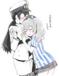  2girls alternate_costume beret black_hair black_legwear black_skirt blush breasts buttons closed_eyes cowboy_shot employee_uniform epaulettes eyebrows_visible_through_hair female_admiral_(kantai_collection) frilled_skirt frills glasses grey_hair hair_between_eyes hand_on_another&#039;s_chest hat hat_ribbon hug kantai_collection kashima_(kantai_collection) lawson long_hair low_ponytail military military_hat military_uniform multiple_girls naval_uniform nyoriko opaque_glasses peaked_cap pleated_skirt ribbon shirt short_sleeves simple_background skirt smile sweat sweating_profusely translated twintails uniform wavy_hair white_background white_shirt 