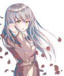  1girl :o bang_dream! bangs belt blurry brown_coat buttons coat commentary eyebrows_visible_through_hair falling_petals floating_hair hair_between_eyes hand_up highres light_blush long_hair long_sleeves looking_at_viewer minato_yukina open_mouth petals scarf silver_hair simple_background solo takeyashi_(user_dnne7725) v-shaped_eyebrows white_background white_scarf yellow_eyes 