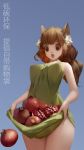  1girl :o animal_ears apple b.bor bare_arms bare_shoulders blue_background breasts brown_eyes brown_hair cat_ears cat_girl dress dropping food fruit green_dress highres large_breasts long_hair looking_down original pomegranate simple_background sleeveless sleeveless_dress solo surprised translation_request 