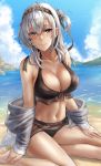  1girl ahoge bare_shoulders beach bikini black_bikini black_ribbon blue_sky blush breasts cleavage closed_mouth clothes_writing cloud collarbone commentary_request day drawstring grey_jacket hachimaki hand_on_own_thigh headband highres jacket kantai_collection kokuzoo large_breasts long_sleeves looking_at_viewer navel ocean on_ground one_side_up open_clothes open_jacket outdoors ribbon see-through silver_hair sitting sky smile solo stomach suzutsuki_(kantai_collection) swimsuit water yokozuwari 