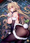  1girl :o animal_ears ass back_tattoo bangs bare_shoulders black_legwear blonde_hair blush breasts bunny_ears bunny_tail bunnysuit commentary_request detached_sleeves eyebrows_visible_through_hair fake_animal_ears fake_tail fate/grand_order fate_(series) fishnet_legwear fishnets fur-trimmed_sleeves fur_trim hair_between_eyes hand_on_own_chest heart heart_in_eye highres jeanne_d&#039;arc_(fate) jeanne_d&#039;arc_(fate)_(all) large_breasts leotard long_hair looking_at_viewer lying obiwan on_side pantyhose parted_lips poker_chip poker_table purple_eyes revealing_clothes sideboob signature solo symbol_in_eye tail tattoo very_long_hair white_leotard 