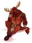  2019 anthro antlers arm_support armor biceps blizzard_entertainment bodily_fluids bovid bovine braided_hair brown_body brown_fur brown_hair chest_fur clothed clothing cum cum_on_face dragonasis fur genital_fluids green_eyes grin hair hi_res highmountain_tauren hooves horn loincloth male mammal musclegut muscular muscular_male nipples pecs quads simple_background sitting smile solo tauren teeth triceps video_games warcraft wraps wrist_wraps 