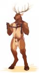  2019 animal_genitalia anthro antlers balls biceps brown_eyes cervid cervine chest_fur dragonasis elk fur hi_res horn jewelry leash looking_at_viewer male mammal musclegut muscular muscular_male necklace nude pubes quads sheath simple_background solo standing 