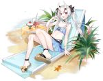  1girl :d ass azur_lane bare_arms bare_legs bare_shoulders beach_chair bikini bikini_skirt blue_bikini bow breasts cherry choker cleavage cup drinking_glass drinking_straw fang food frilled_choker frills fruit hair_bow hand_up hololive ice_cream knees_up long_hair looking_at_viewer midriff multicolored_hair nakiri_ayame nanakagura navel official_art oni_horns open_mouth plant reclining red_eyes sand sidelocks silver_hair slippers small_breasts smile solo streaked_hair swimsuit table transparent_background twintails 