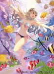  1girl armpits bare_shoulders barefoot bracelet breasts clownfish collarbone commentary_request corrin_(fire_emblem) corrin_(fire_emblem)_(female) fire_emblem fire_emblem_cipher fire_emblem_fates fish freediving grey_hair hair_between_eyes hairband jewelry long_hair manakete mayo_(becky2006) navel official_art open_mouth outstretched_arms pointy_ears red_eyes shell shell_bikini sideboob solo swimming underwater wavy_mouth 
