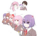 1boy 6+girls :d alternate_breast_size alternate_hair_length alternate_hairstyle anger_vein bangs blue_eyes blush bow brown_eyes brown_hair chibi cropped_torso crossed_arms cupcake doki_doki_literature_club dual_persona english_text eyebrows_visible_through_hair food frown green_eyes hair_between_eyes hair_bow hair_ornament hair_ribbon hairclip hand_to_own_mouth highres knife long_hair monika_(doki_doki_literature_club) multiple_girls natsuki_(doki_doki_literature_club) open_mouth pink_eyes pink_hair ponytail potetos7 protagonist_(doki_doki_literature_club) purple_eyes purple_hair red_bow ribbon sayori_(doki_doki_literature_club) school_uniform shaded_face short_hair simple_background sketch smile spoken_object sweatdrop twitter_username two_side_up white_background white_ribbon wing_collar x&lt; yandere yuri_(doki_doki_literature_club) 